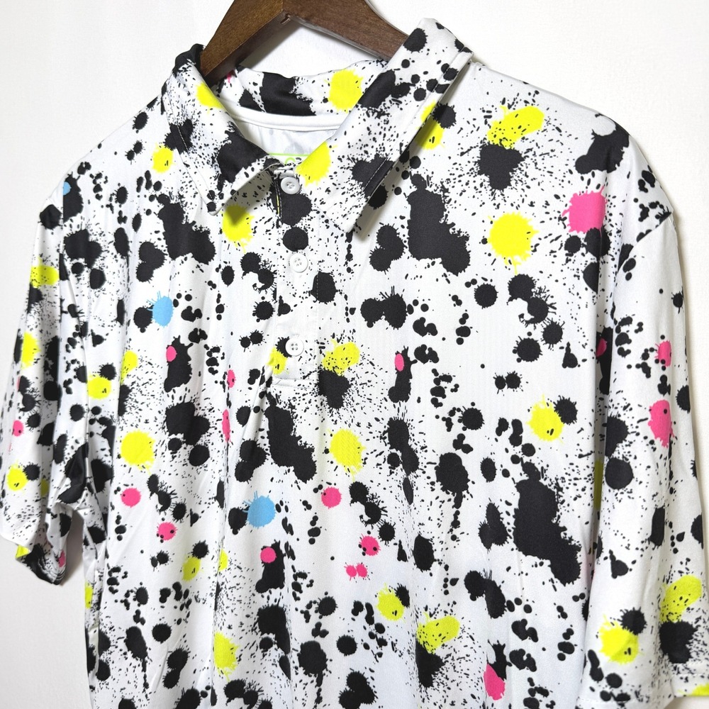 Obnoxious Golf Mens Large Paint Splatter Performance Polo Shirt White Neon Multi